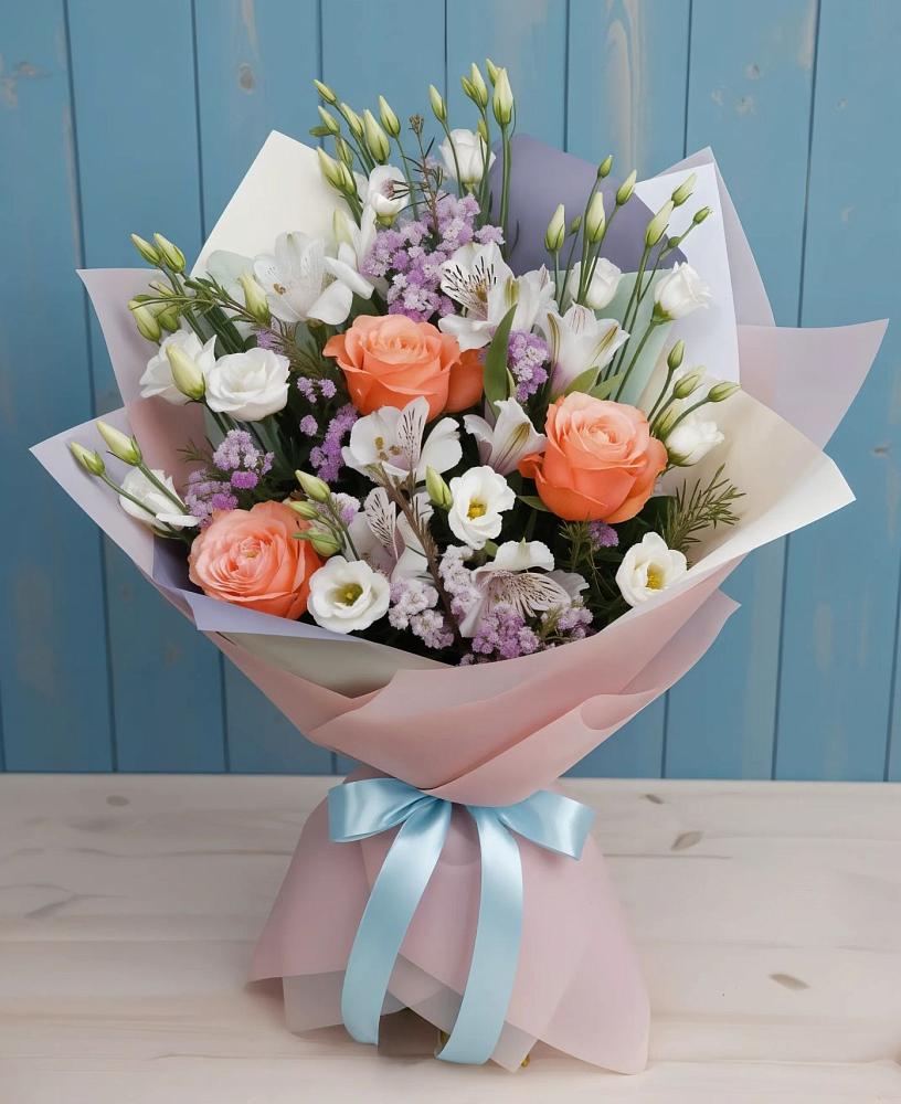 Букет цветов из: Лизиантусы, Розы, Альстромерии и Гипсофила в Родионово-Несветайской